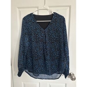 Unknown Brand Sheer Leopard Print V Neck Long Sleeve Top Blouse Black Blue Sz S